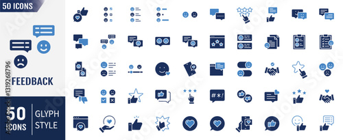 Feedback flat icons set. Containing as testimonials, like, rating, survey, review, satisfaction and more. Vector illustration
