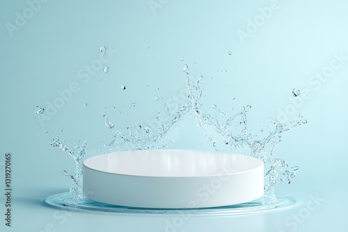 Clean White Cylinder Product Display with Water Splash, Minimalist Blue Background