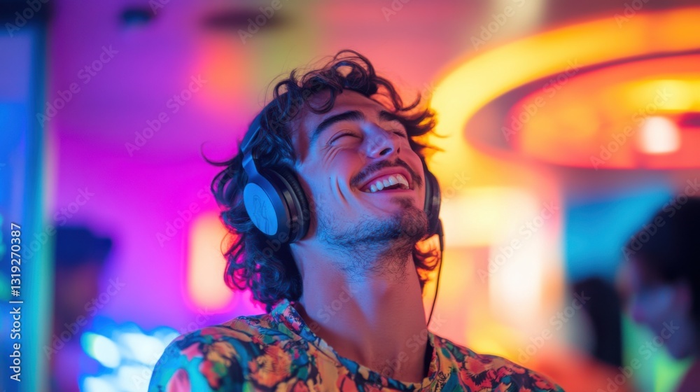 Fototapeta premium Man enjoying music with headphones in vibrant neon lighting