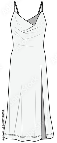Cowl Neck Slip Maxi Dress with Side Open Fashion Flat Sketch Vector Illustration, CAD, Technical Drawing, Flat Drawing, Template, Mockup.