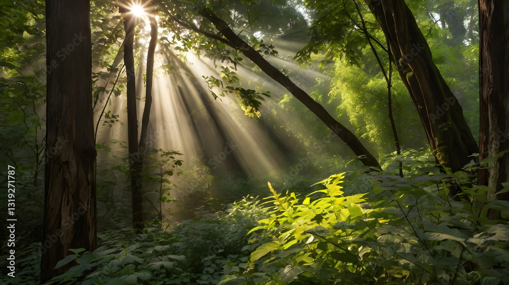 Obraz premium Sun Rays Piercing Through a Dense Green Forest 