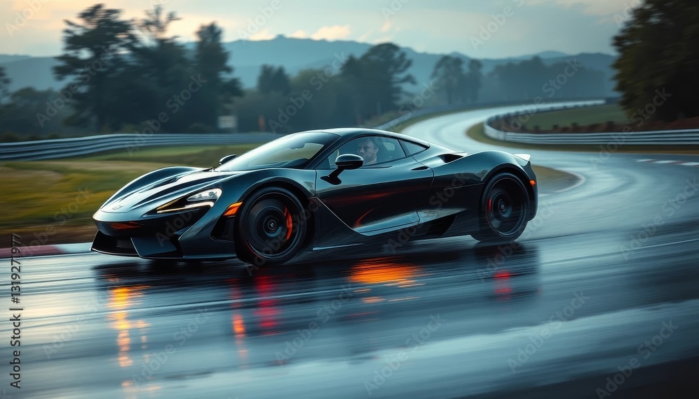 Sleek Sports Car Speeding on a Wet Race Track at Dusk
