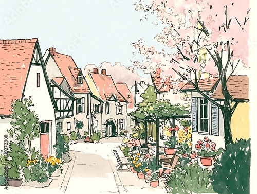 Illustration of a charming little French village with pastel-colored buildings