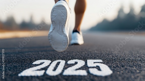 Runner sprinting on asphalt, athletic shoe striking ground, focus on future goals, determination and motivation in a personal journey.