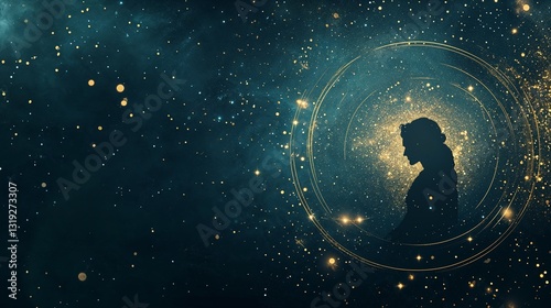A mystical deep indigo horizontal background with gold celestial symbols surrounding a faint Lord Rama (Rama Navami) silhouette.