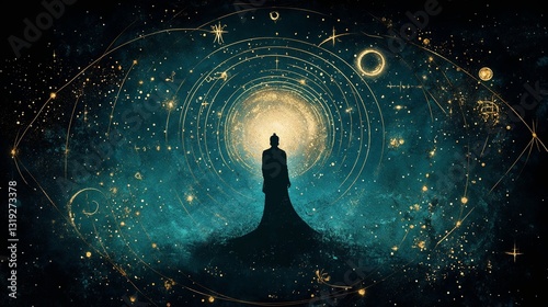 A mystical deep indigo horizontal background with gold celestial symbols surrounding a faint Lord Rama (Rama Navami) silhouette.