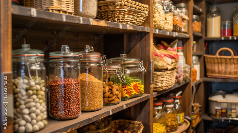 A neatly organized kitchen pantry with labeled jars, baskets, and a systematic arrangement of food items, reflecting efficient home organization during spring cleaning. A neatly organized kitchen pantry with labeled jars, baskets, and a systematic arrangement of food items, reflecting efficient home organization during spring cleaning.