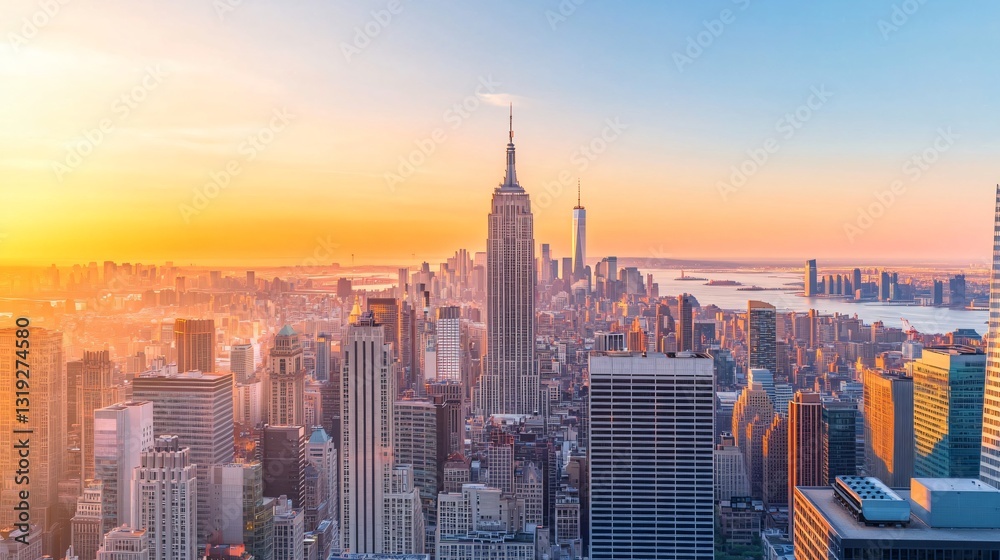 Fototapeta premium City skyline at sunrise, vibrant urban landscape with skyscrapers, warm golden hues, perfect for travel or lifestyle content.