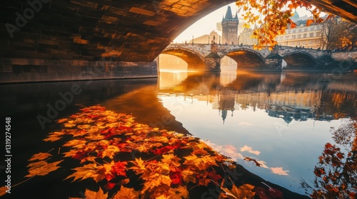 Autumn in prague: leaves on the vltava river