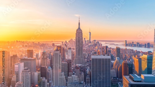 City skyline at sunrise, vibrant urban landscape with skyscrapers, warm golden hues, perfect for travel or lifestyle content.