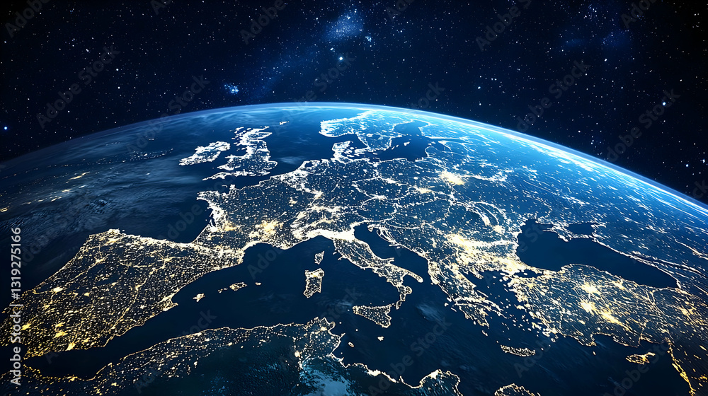 Fototapeta premium Illuminated Europe At Night From Space With Visible City Lights And Starry Background