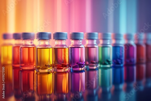 Colorful capsules and glass bottles on reflective surface in pharmaceutical factory.