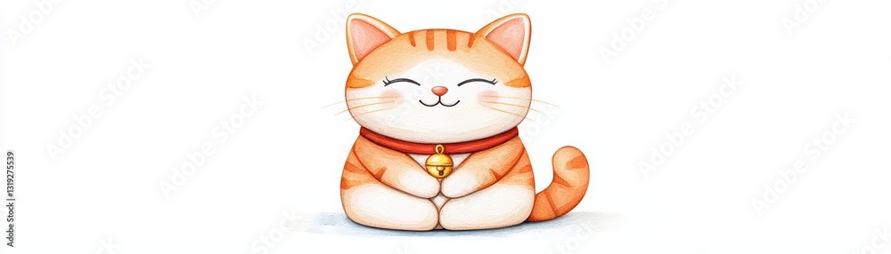Fototapeta premium Adorable Watercolor Drawing of a Lucky Cat with a Charming Expression and Bell Collar
