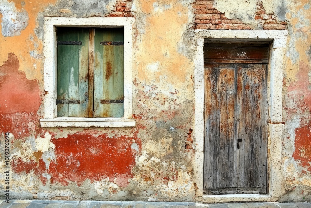 Weathered wooden door on rustic wall with exposed bricks. Neural network AI generated Weathered wooden door on rustic wall with exposed bricks. Neural network AI generated