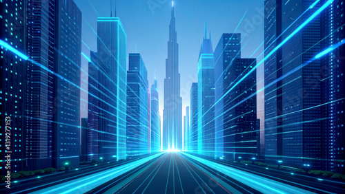 Big data analytics scalable concept. Futuristic cityscape with glowing buildings and a vibrant digital atmosphere.