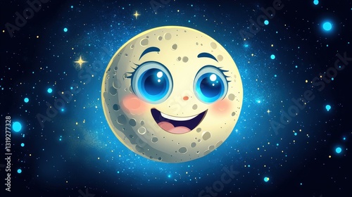 A radiant moon grins brightly with blue eyes amidst a twinkling starlit sky. Its warm smile contrasts the serene, deep blue backdrop dotted with soft white stars photo