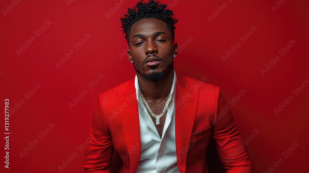 A young man dances playfully against a bright red background, wearing a tailored red suit over a white t-shirt. A young man dances playfully against a bright red background, wearing a tailored red suit over a white t-shirt.