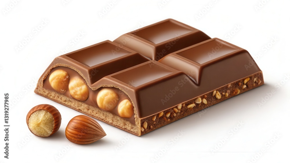 Chocolate bar mockup concept. Delicious chocolate bar with hazelnuts, showcasing layers and texture. Chocolate bar mockup concept. Delicious chocolate bar with hazelnuts, showcasing layers and texture.