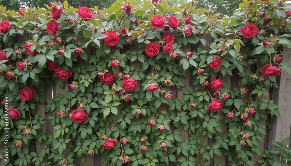 Fototapeta premium Red roses growing on a wooden fence with green leaves creating a vibrant display