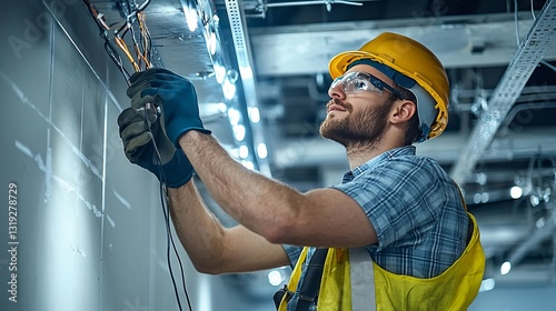 Skilled Electrician Working on Installation in Modern Commercial Building