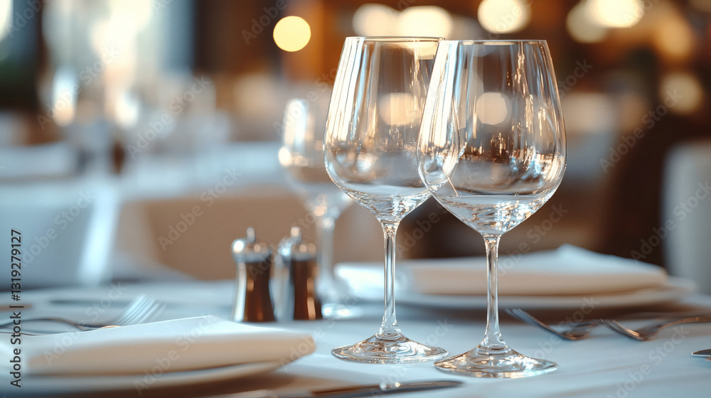 Elegant Table Setting: A close-up showcases a sophisticated table setting, with sparkling wine glasses, pristine linens, and polished silverware. Elegant Table Setting: A close-up showcases a sophisticated table setting, with sparkling wine glasses, pristine linens, and polished silverware.