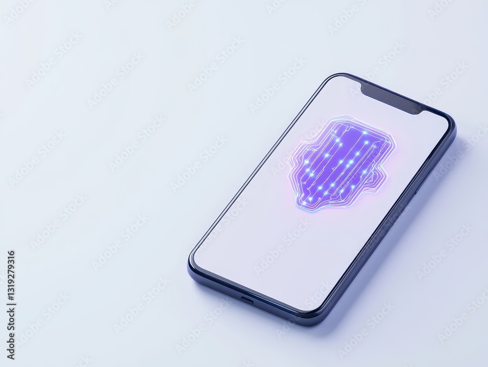 Futuristic smartphone displaying a glowing digital interface on a plain background Futuristic smartphone displaying a glowing digital interface on a plain background