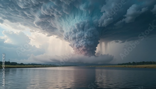A beautiful spectacle emerges as the calm backdrop is juxtaposed with the ferocious might of a tornado, a visual tribute to nature's awe-inspiring capacity for releasing unfettered power