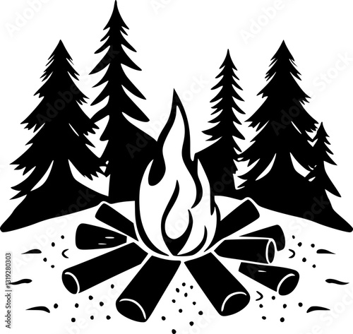 Monochrome campfire illustration black and white minimalist design nature outdoor wilderness flames firewood smoke night camping adventure rustic texture background graphic art