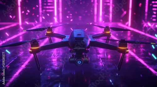 Futuristic drone in neon-lit city background. Possible stock photo use photo