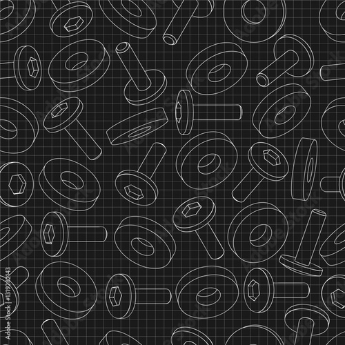 Mechanical engineering drawings on black background. Cutter, assembly tool with replaceable multi-faceted plate. Technical Design. Cover. Blueprint. Vector illustration. Seamless pattern.