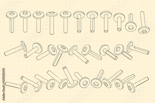 Mechanical engineering drawings on sepia background. Cutter, assembly tool with replaceable multi-faceted plate. Technical Design. Cover. Blueprint. Vector illustration.