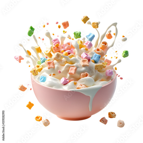 A Fluffy 3D Cartoon Bowl of Cereal with Glowing Colors Isolated on Transparent Background