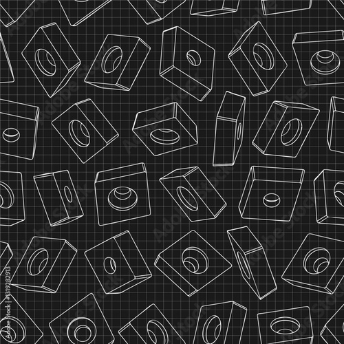 Mechanical engineering drawings on black background. Cutter, assembly tool with replaceable multi-faceted plate. Technical Design. Cover. Blueprint. Vector illustration. Seamless pattern.