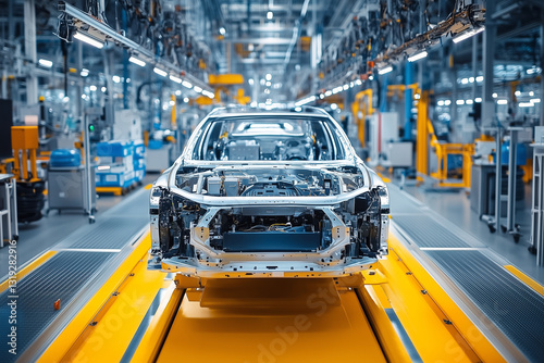 Modern car manufacturing facility showcasing assembly line with partially assembled vehicle. high tech environment features advanced machinery and organized workstations, emphasizing efficiency