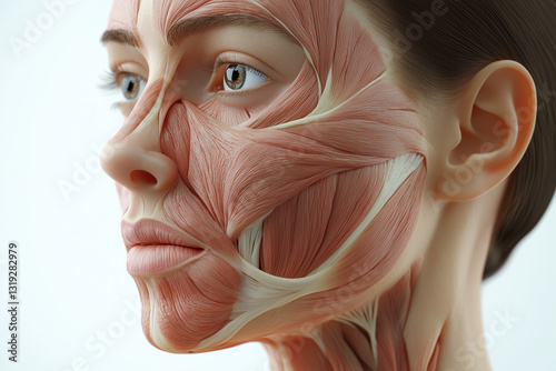 realistic 3D illustration of woman face showcasing detailed facial muscles, highlighting anatomical features and structure. image captures complexity of human anatomy beautifully