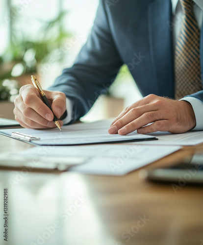 professional man in suit is signing documents at desk, showcasing focused and serious demeanor. setting is bright and organized, reflecting business environment photo