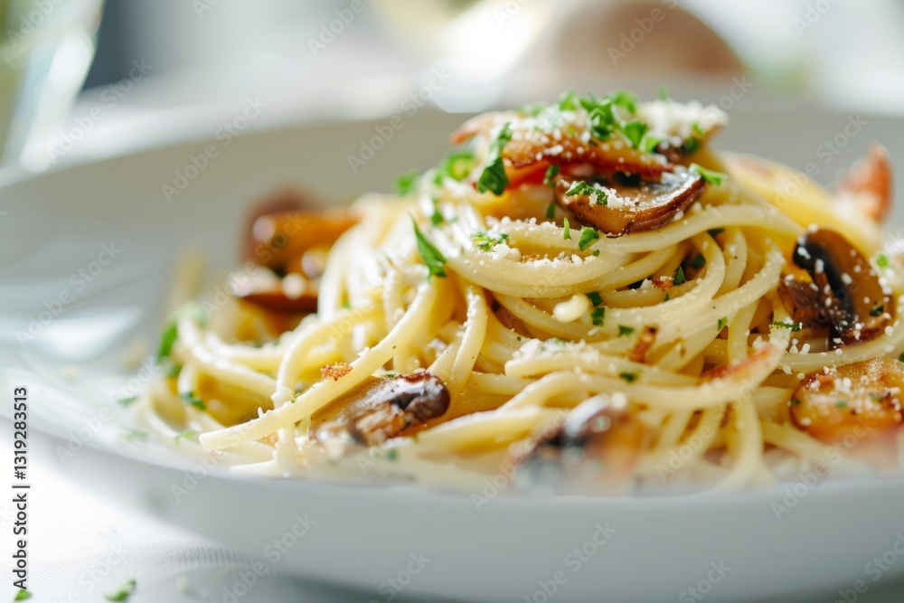 Creamy mushroom spaghetti in white bowl on textured surface. Neural network AI generated Creamy mushroom spaghetti in white bowl on textured surface. Neural network AI generated