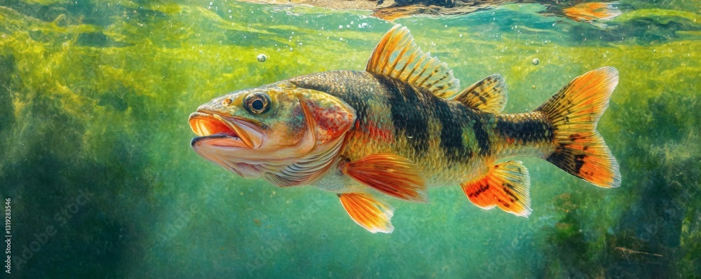 Naklejka premium A colorful striped fish swims underwater near green aquatic plants