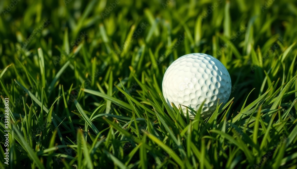 A single golf ball nestled in vibrant green grass, a symbol of relaxation and the pursuit of a perfect game. A single golf ball nestled in vibrant green grass, a symbol of relaxation and the pursuit of a perfect game.
