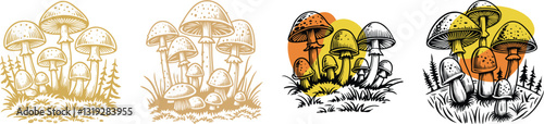 set of Mushrooms in nature black vector, engraving sketch ink poster black illustration etching style tattoo, color blobs logo Mushrooms, in nature, Growing, Drawing, color blobs, Forest, Moss