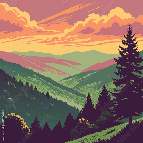Panoramic Mountain Sunrise – Vintage Cross-Processed Vector Illustration