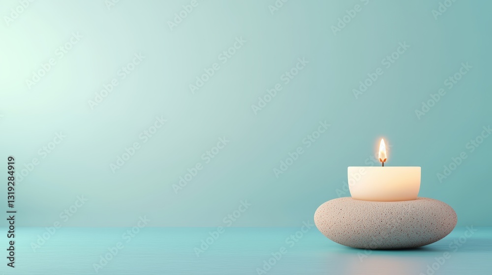 A serene candle atop a smooth stone, casting a warm glow against a calming turquoise background, perfect for relaxation and mindfulness.