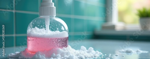 Bubbles overflowing from a nearly full soap bottle for dishes, bottles, cleanliness