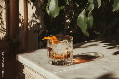 A beautifully crafted Old Fashioned cocktail sits elegantly on a polished white marble countertop