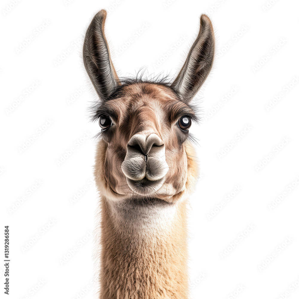 Obraz premium Friendly Llama Portrait: Captivating studio portrait of a llama, its endearing face and expressive eyes looking directly at the camera.