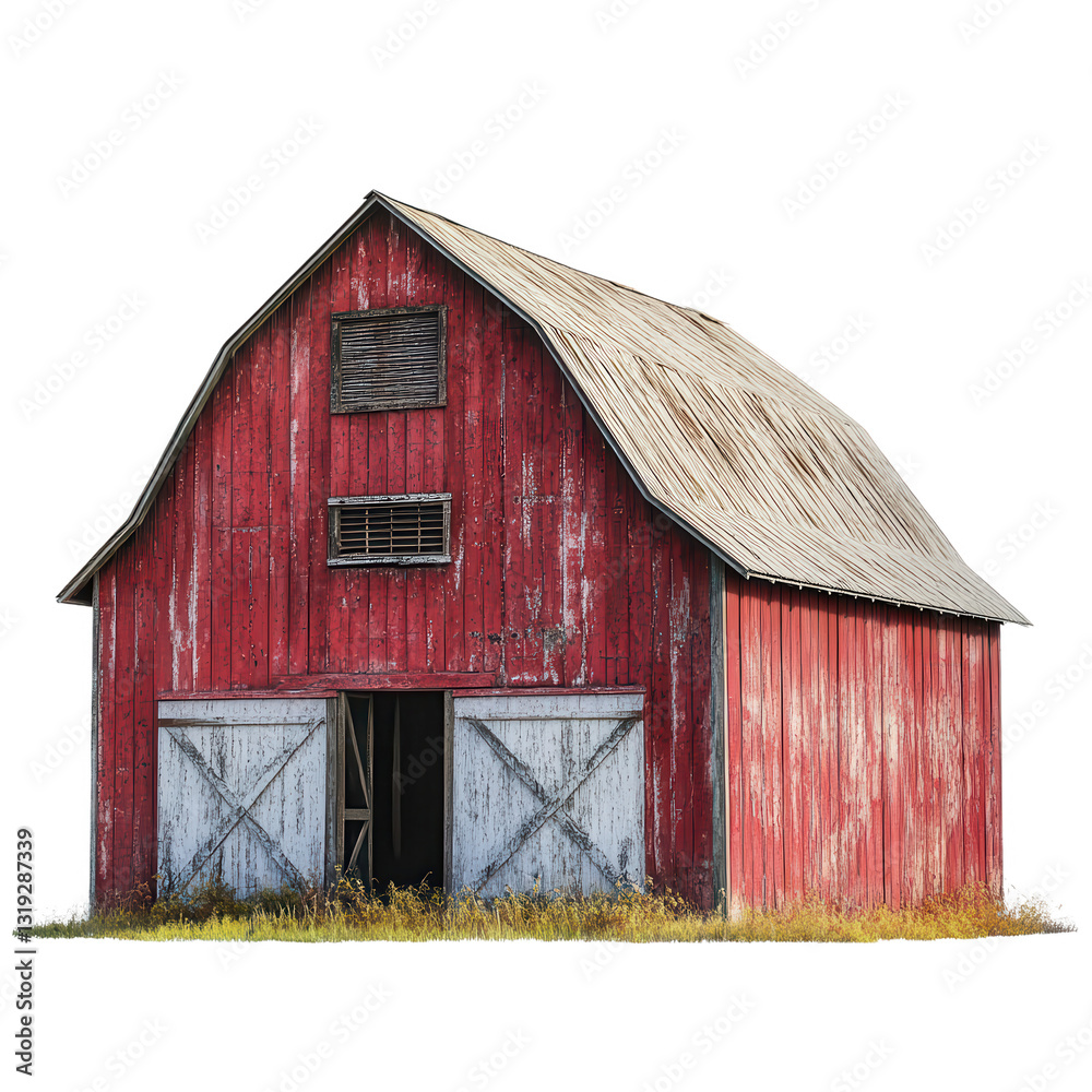 Rustic Red Barn: A weathered red barn stands tall against a backdrop of autumnal hues. Its worn wooden siding, faded paint. Rustic Red Barn: A weathered red barn stands tall against a backdrop of autumnal hues. Its worn wooden siding, faded paint.