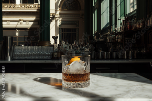 A beautifully crafted Old Fashioned cocktail sits elegantly on a polished white marble countertop