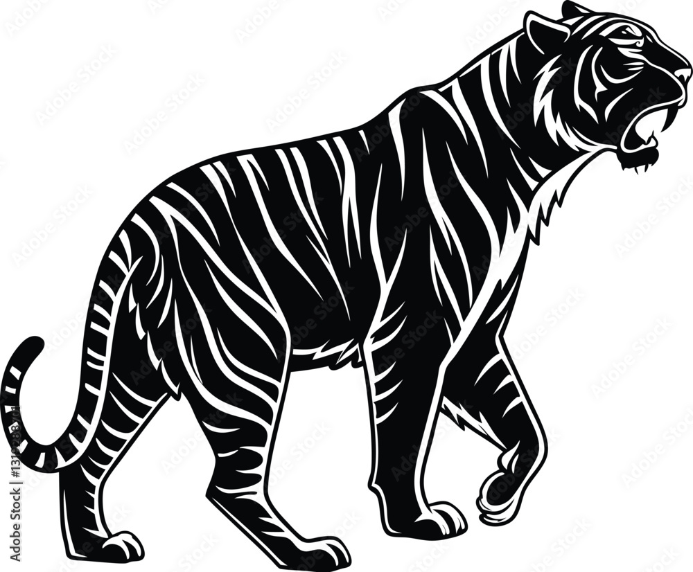 Obraz premium Detailed Silhouette of a Tiger Walking with Open Mouth