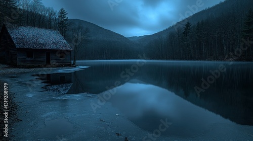 Fototapeta Naklejka Na Ścianę i Meble -  Frozen lake cabin at twilight