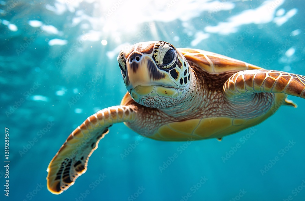 Obraz premium Sea Turtle Underwater: A juvenile sea turtle gracefully glides through crystal-clear turquoise water, sunlight filtering from above.